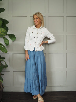 Ecru Denim Jacket with Embroidered Flowers with Button Fastening &amp; Pockets - Ecru with Blue/Red/White Flowers