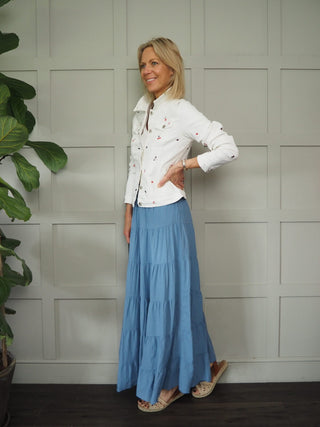 Ecru Denim Jacket with Embroidered Flowers with Button Fastening &amp; Pockets - Ecru with Blue/Red/White Flowers