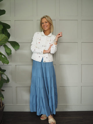 Ecru Denim Jacket with Embroidered Flowers with Button Fastening &amp; Pockets - Ecru with Blue/Red/White Flowers