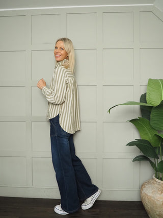 Potter High Neck Long Sleeve Blouse - Chocolate Check, Chocolate Stripe, Denim Blue Stripe, Green Stripe, Off White