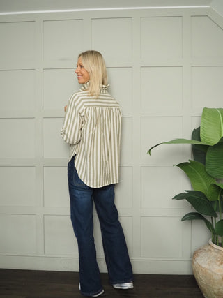 Potter High Neck Long Sleeve Blouse - Chocolate Check, Chocolate Stripe, Denim Blue Stripe, Green Stripe, Off White