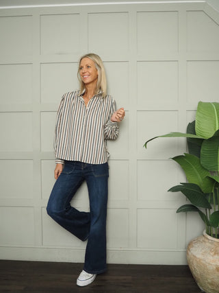 Potter High Neck Long Sleeve Blouse - Chocolate Check, Chocolate Stripe, Denim Blue Stripe, Green Stripe, Off White