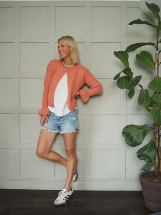 Arcadia Cardigan with Single Pearl Fastening &amp; Fluted Cuffs - Baby Pink, Oatmeal and Terracotta