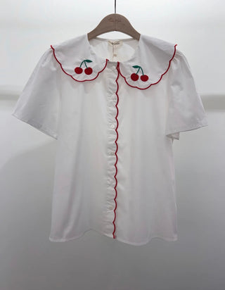 Cherry Blouse with Peter Pan Collar - White/Red