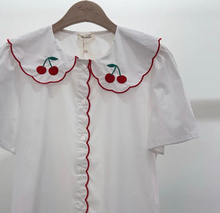 Cherry Blouse with Peter Pan Collar - White/Red