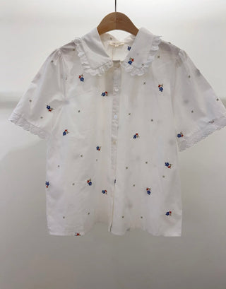 Lola Blouse with Embroidered Flowers  - White