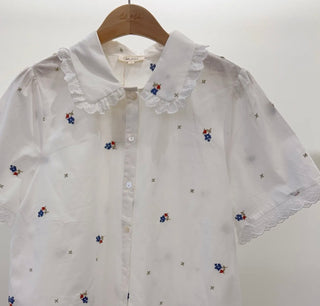 Lola Blouse with Embroidered Flowers  - White