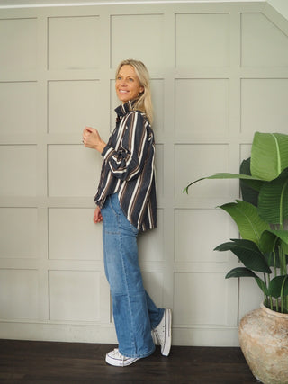 Potter High Neck Long Sleeve Blouse - Chocolate Check, Chocolate Stripe, Denim Blue Stripe, Green Stripe, Off White