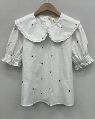 Louise Blouse with Peter Pan Collar and Embroidered Flowers  - White