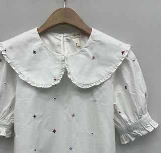 Louise Blouse with Peter Pan Collar and Embroidered Flowers  - White