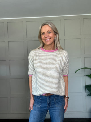 Barney Stripe Short Sleeve Jumper  - Oatmeal, Pink