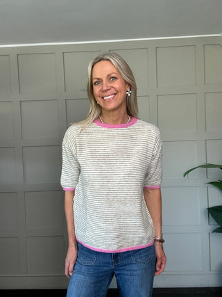 Barney Stripe Short Sleeve Jumper  - Oatmeal, Pink