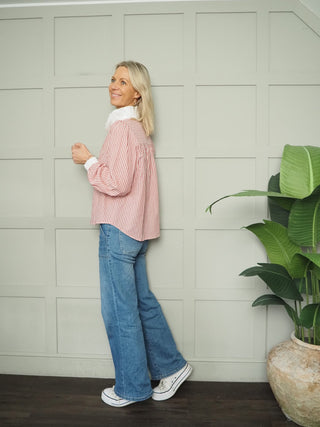 Ledbury Stripe Blouse with White Ruffle Collar - Blue, Red