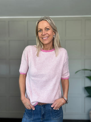 Barney Stripe Short Sleeve Jumper  - Oatmeal, Pink