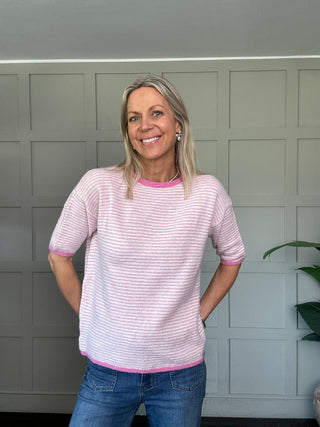 Barney Stripe Short Sleeve Jumper  - Oatmeal, Pink