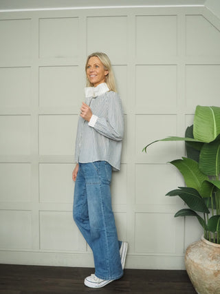 Ledbury Stripe Blouse with White Ruffle Collar - Blue, Red