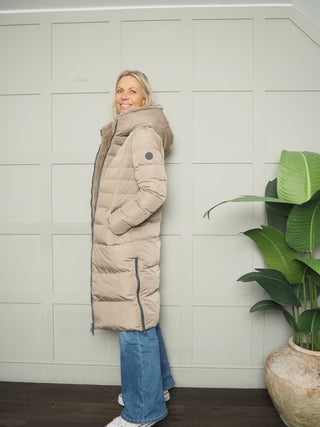 Keila Faux Fur Padded Coat With Hood, High Collar, Zipper Closure, Pockets, Faux Fur Inner by Rino &amp; Pelle - Navy Blue, Toffee