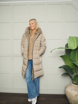 Keila Faux Fur Padded Coat With Hood, High Collar, Zipper Closure, Pockets, Faux Fur Inner by Rino &amp; Pelle - Navy Blue, Toffee