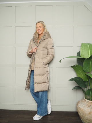 Keila Faux Fur Padded Coat With Hood, High Collar, Zipper Closure, Pockets, Faux Fur Inner by Rino &amp; Pelle - Navy Blue, Toffee