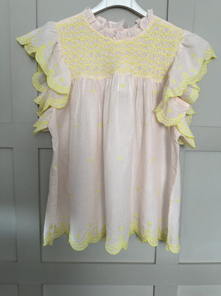 Marcel Blouse with Embroidery Detail and Ruffle Sleeves by Bonté - Rose Pink with Lime