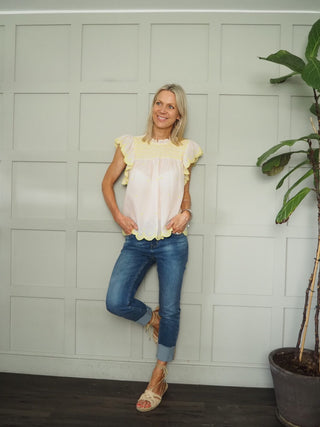 Marcel Blouse with Embroidery Detail and Ruffle Sleeves by Bonté - Rose Pink with Lime