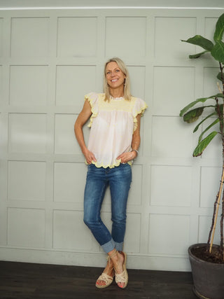 Marcel Blouse with Embroidery Detail and Ruffle Sleeves by Bonté - Rose Pink with Lime