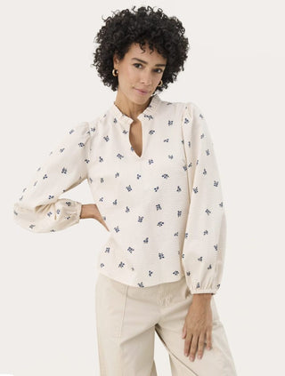 Elmy Long Sleeve Seersucker Blouse by Part Two - Ecru/Navy
