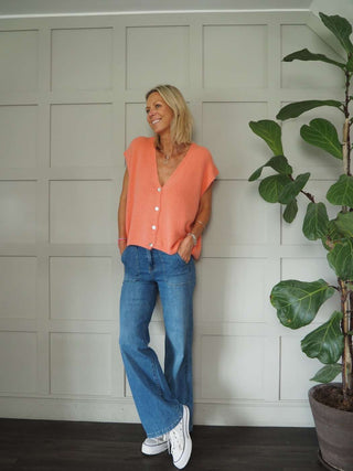 Joylynne Sleeveless Cardigan with Front Buttons - Bright Green, Bright Pink, Oatmeal