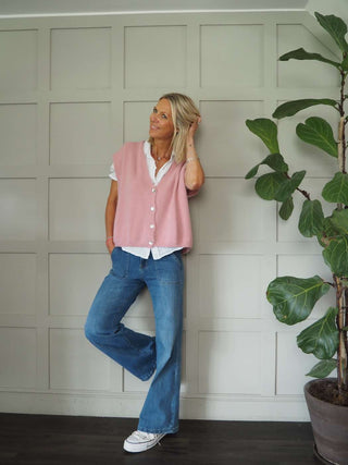 Joylynne Sleeveless Cardigan with Front Buttons - Bright Green, Bright Pink, Oatmeal