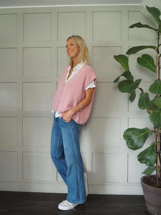 Joylynne Sleeveless Cardigan with Front Buttons - Bright Green, Bright Pink, Oatmeal