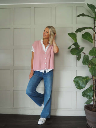 Joylynne Sleeveless Cardigan with Front Buttons - Bright Green, Bright Pink, Oatmeal