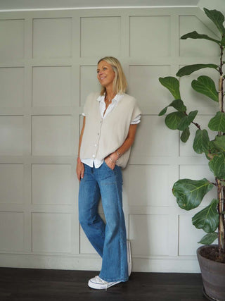 Joylynne Sleeveless Cardigan with Front Buttons - Bright Green, Bright Pink, Oatmeal