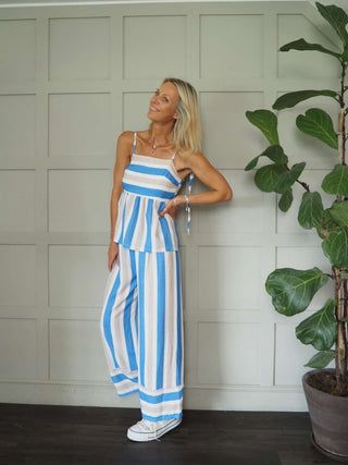 Eleven Vest Top &amp; Wide Leg Trouser Set - Blue and Pink Striped