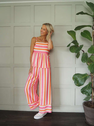 Eleven Vest Top &amp; Wide Leg Trouser Set - Blue and Pink Striped