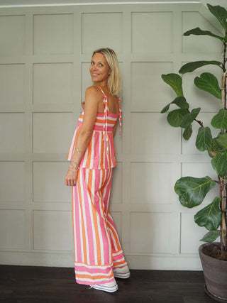 Eleven Vest Top &amp; Wide Leg Trouser Set - Blue and Pink Striped