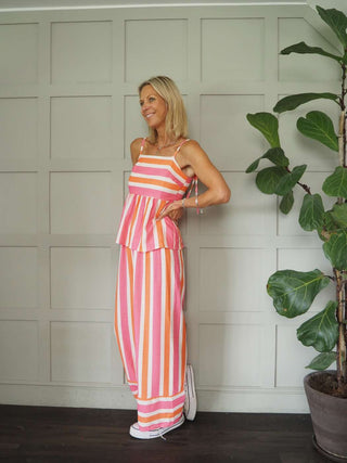 Eleven Vest Top &amp; Wide Leg Trouser Set - Blue and Pink Striped