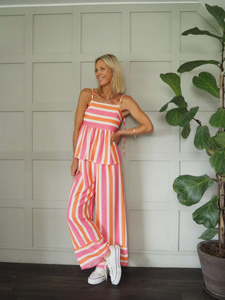 Eleven Vest Top &amp; Wide Leg Trouser Set - Blue and Pink Striped