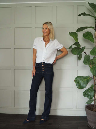 Pattie Boot Cut, Long Length Jeans with Square Pockets Front and Back - Dark Denim