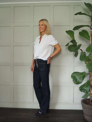 Pattie Boot Cut, Long Length Jeans with Square Pockets Front and Back - Dark Denim