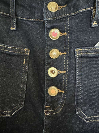 Pattie Boot Cut, Long Length Jeans with Square Pockets Front and Back - Dark Denim