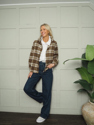 Bruton Wool Mix Checked Shacket with Pleated Collar - Chocolate/Stone