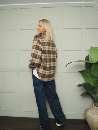 Bruton Wool Mix Checked Shacket with Pleated Collar - Chocolate/Stone