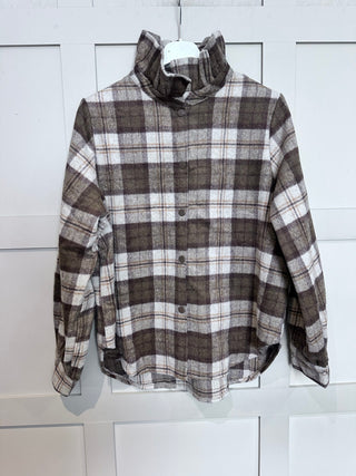 Bruton Wool Mix Checked Shacket with Pleated Collar - Chocolate/Stone
