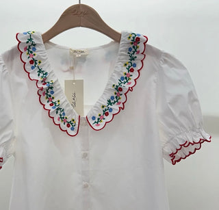 Brightling Blouse with Embroidered Flowers and V Neckline  - White
