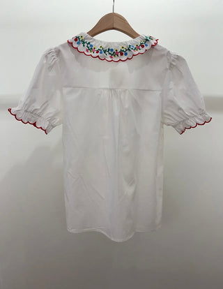 Brightling Blouse with Embroidered Flowers and V Neckline  - White
