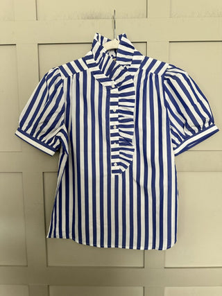 Shaftesbury Ruffle Detail, Short Sleeve Blouse - Blue/White Stripe