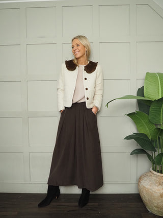 Laurel Boucle Jacket with Cord Peter Pan Collar - Ecru/Chocolate