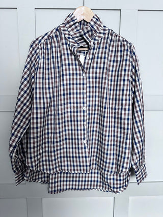 Potter High Neck Long Sleeve Blouse - Chocolate Check, Chocolate Stripe, Denim Blue Stripe, Green Stripe, Off White