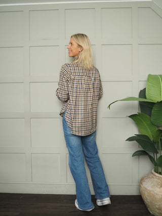 Potter High Neck Long Sleeve Blouse - Chocolate Check, Chocolate Stripe, Denim Blue Stripe, Green Stripe, Off White