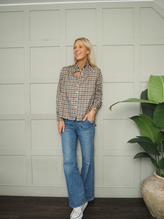 Potter High Neck Long Sleeve Blouse - Chocolate Check, Chocolate Stripe, Denim Blue Stripe, Green Stripe, Off White